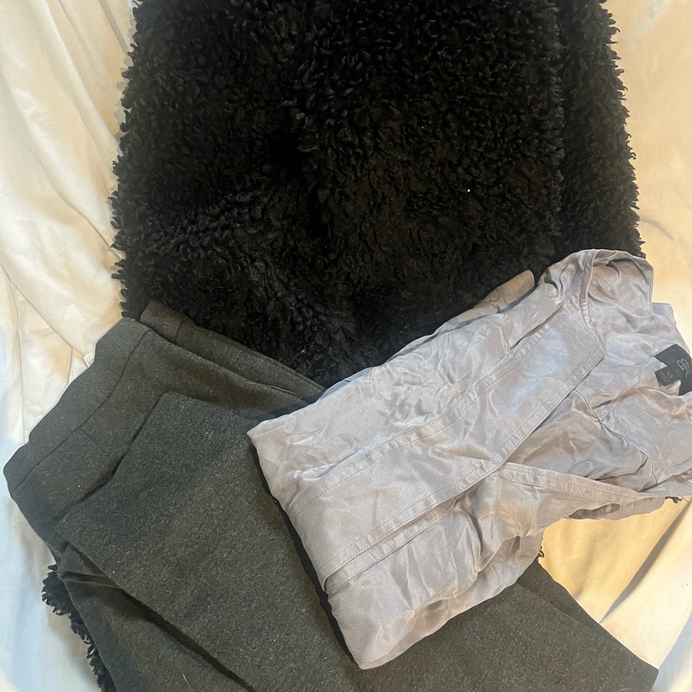 LOT: Banana Republic silk tunic & grey trousers & Zara black teddy coat (3 item)